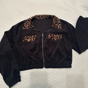 SHEIN Black Bomber Jacket with Leopard Accents